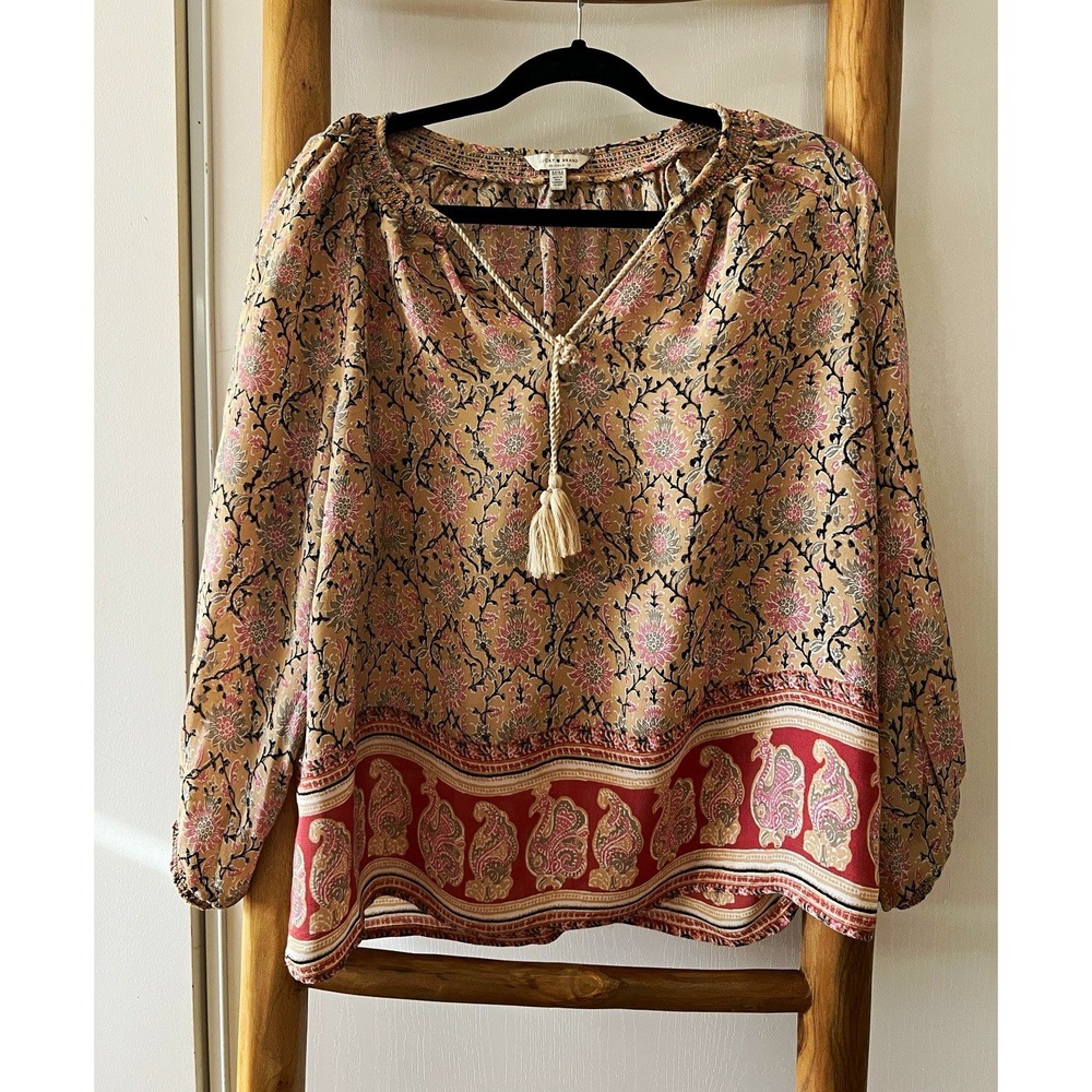 Lucky Brand Viscose Woven Floral V-Neck Tassel Tie Long Sleeve Blouse Size M